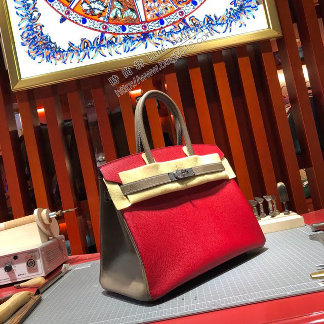Hermes女包 愛馬仕經典款Birkin包 epsom皮手掌紋 Hermes鉑金拼色女士手提包  am2075